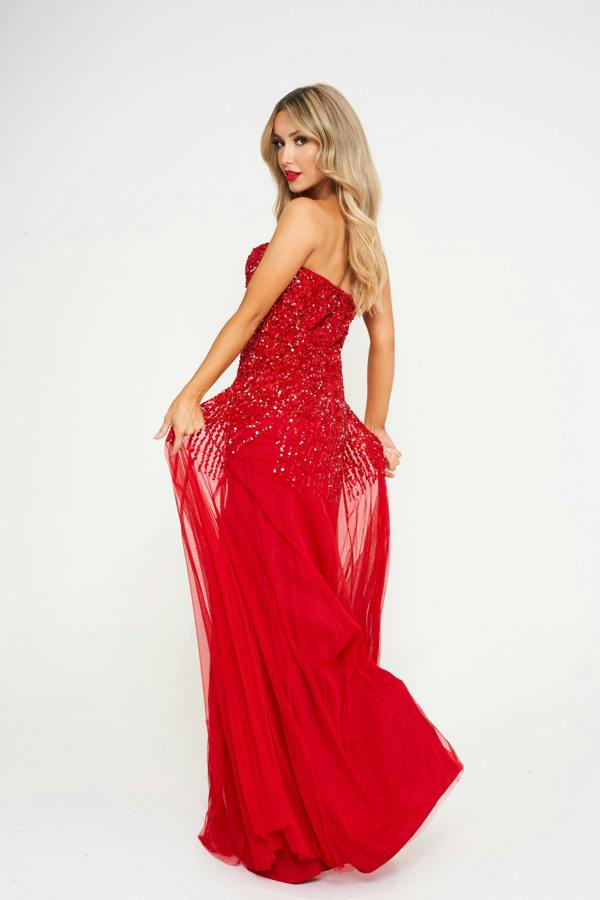 LuvForever Red Off-Shoulder Sequin Embellished Maxi Dress