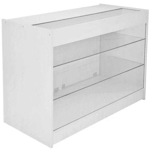 Brilliant white retail display counter with glass shelves, sleek design, and modern finish, ideal for showcasing products in stores