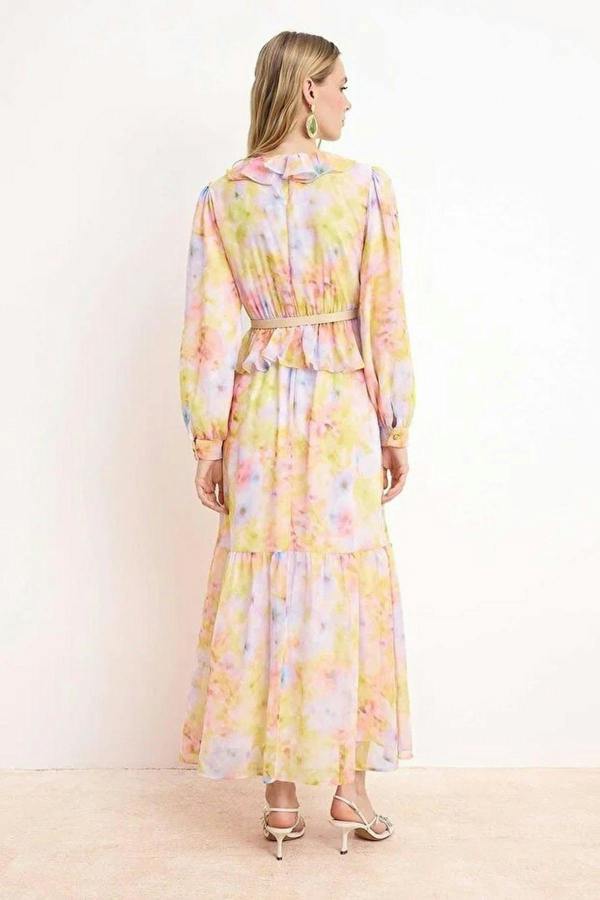 WOVCOR Silk Chiffon Floral Woven Dress with Belt Detail