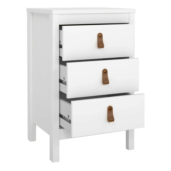 Wyld Haus Wildberry Matt White Bedside Table 3 Drawers Leather Handles