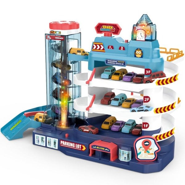 deAO Toys Garage Track Set with Music and Light Effects 3-story Parking Building with Electric Elevator Toys Vehicle Garages