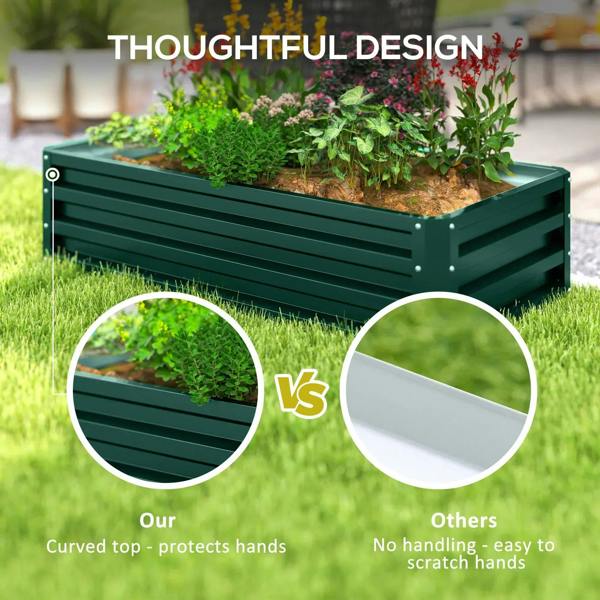 Green raised garden bed with curved top edge and herbs growing inside