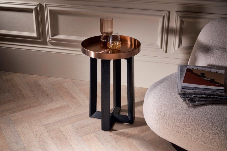 Cadiz Round Side Table - Metal Brushed Bronze Tray Top & Natural Oak Base by Gillmore British Design © GillmoreSPACE Limited