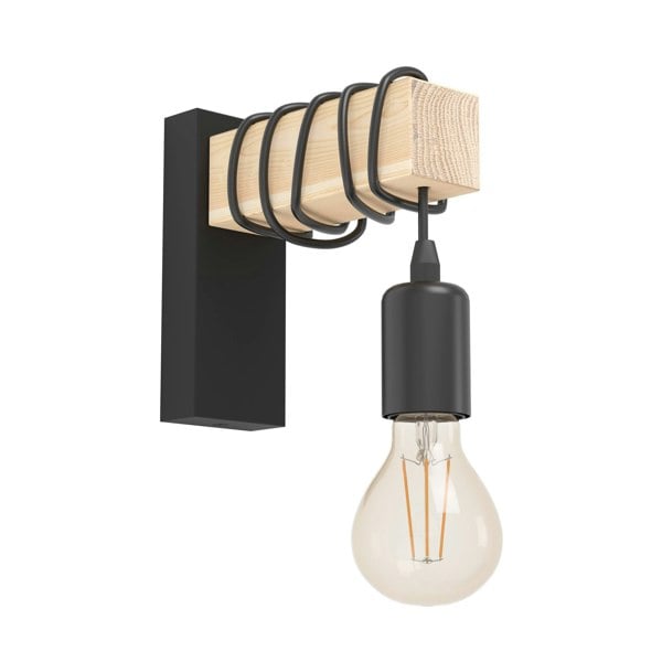 EGLO Townshend Black Metal And Natural Wood Wall Light - Vintage Industrial Style (D) 21.5cm