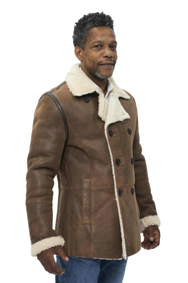 Infinity Leather Mens Double Breasted Shearling Sheepskin Pea Coat-Kington