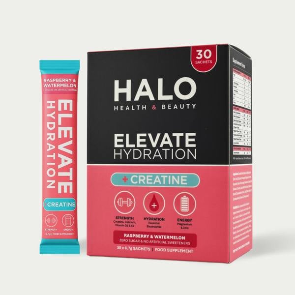 HALO Health & Beauty Elevate Hydration package with a pink sachet on a white background