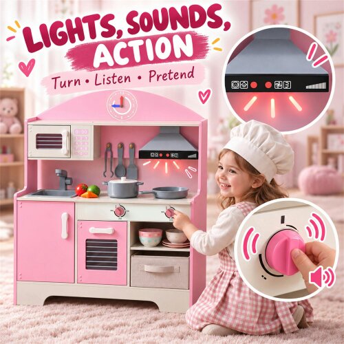 AIYAPLAY Kids Play Kitchen with Lights & Sounds, Fabric Drawer, Pink