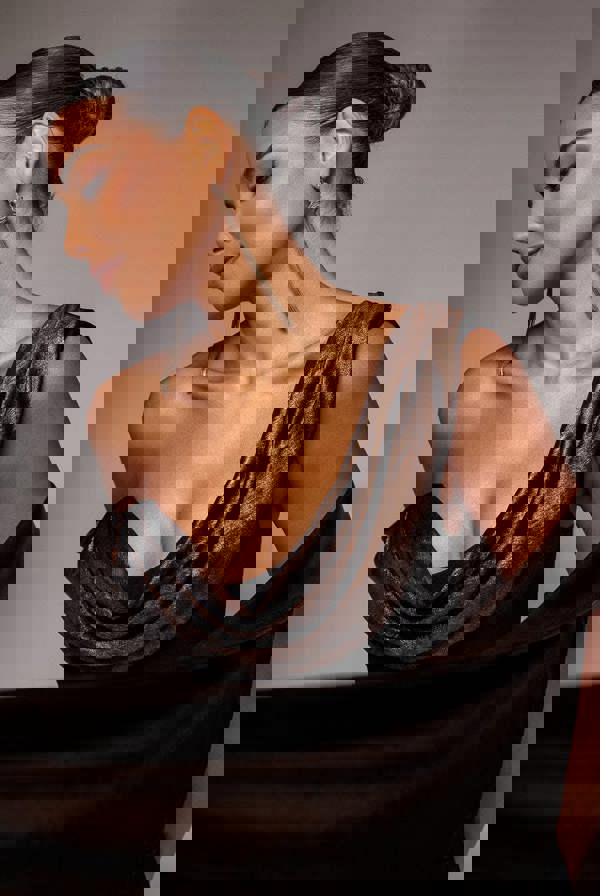 Foil Chiffon Cowl One Shoulder Cape Maxi Dress - Black Bronze DR4998