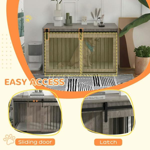 Walnut-brown dog crate furniture with side sliding door and security latch
