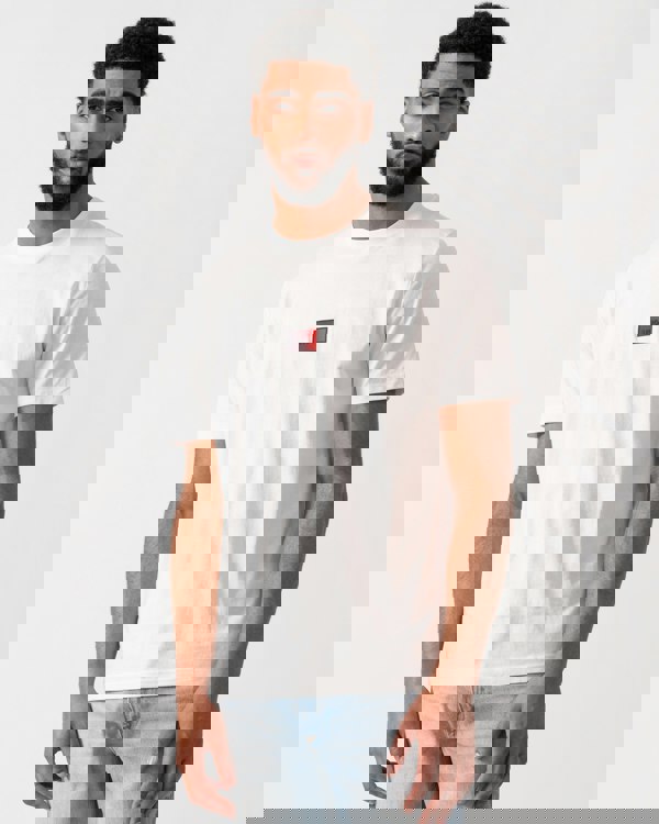 model wearing a HUGO Danotie Mens Red Label Logo T-Shirt in natural white