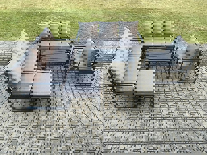 Fimous Aluminium 8 Seater Garden Furniture Outdoor Patio Sofa Set with Rectangular Coffee Table Armchair Big Footstool Dark Grey