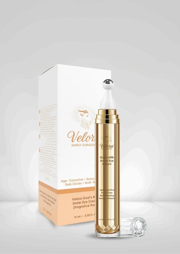 Velora Goat’s Milk Under-Eye Cream with metal applicator and box packaging – natural hydrating and brightening under-eye