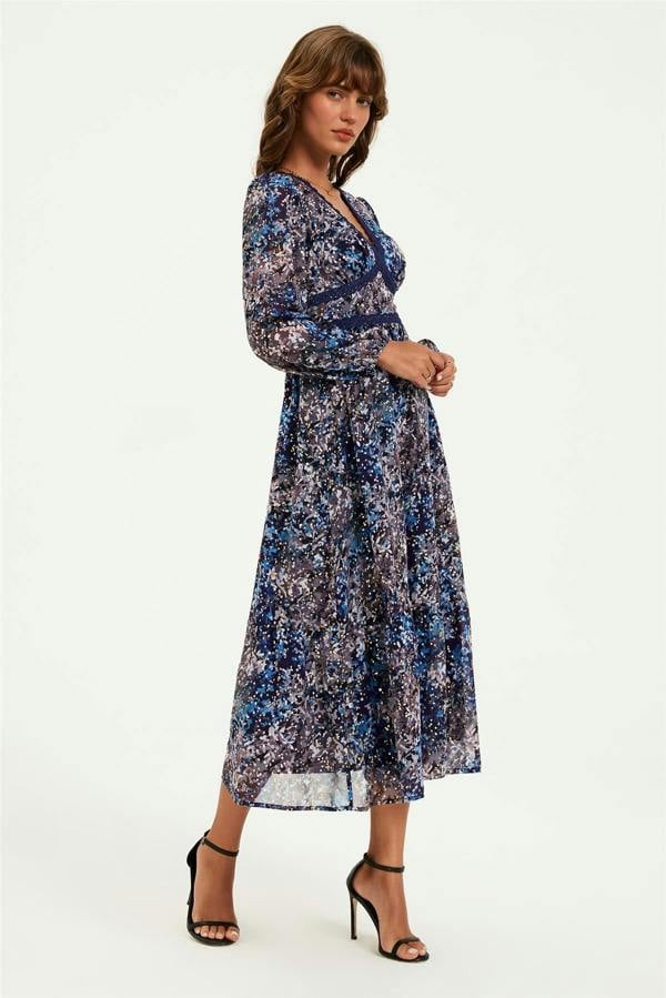 FS Collection Gold Foil Abstract Print Long Sleeve Midi Dress In Navy