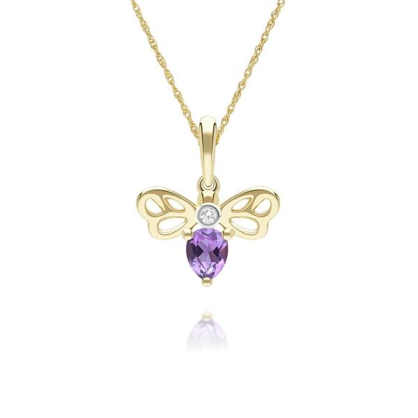 Gemondo Honeycomb Art Nouveau Pear Shape Amethyst and Diamond Bee Pendant Necklace in 9ct Yellow Gold