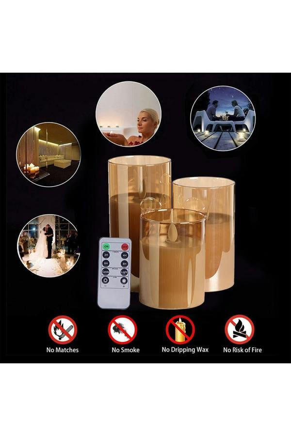 Living and Home 3Pcs Gold Glass Flameless LED Candles Realistic Swaying Flame Pillar Candles