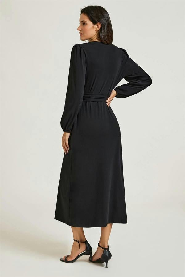 FS Collection Long Balloon Sleeve Jersey Midi Shirt Dress In Black