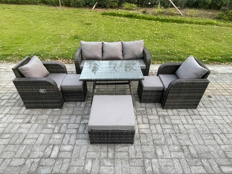 Fimous 8 Seater Rattan Wicker Garden Furniture Patio Conservatory Sofa Set with Rectangular Dining Table Reclining Chair 3 Seater Sofa 3 Footstools