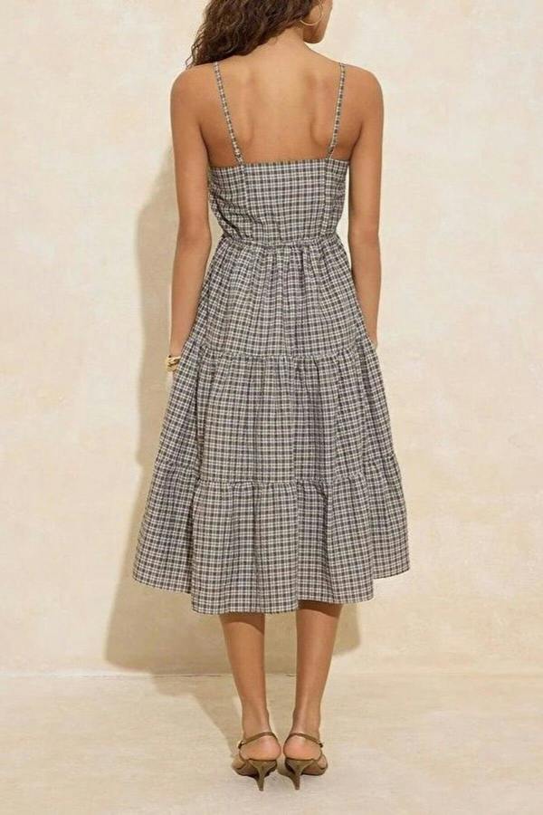 WOVCOR Checked Tie-Detail Midi Woven Dress