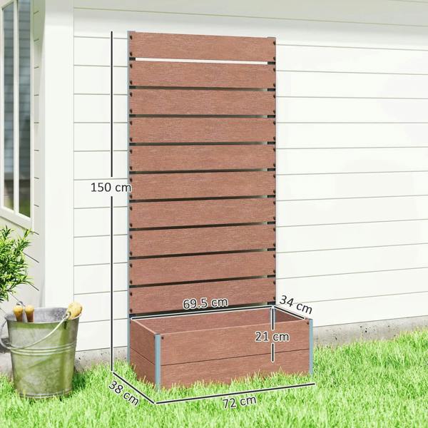 Brown tall trellis planter box with side dimensions and front planter