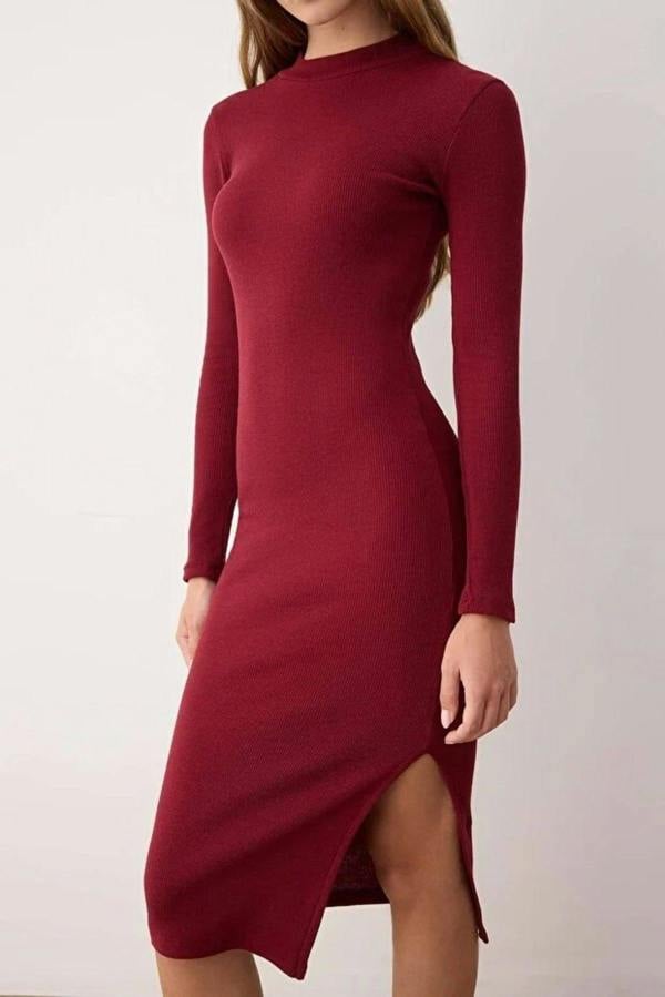 WOVCOR Crew Neck Midi Ribbed Stretch Knit Pencil Dress with Slit