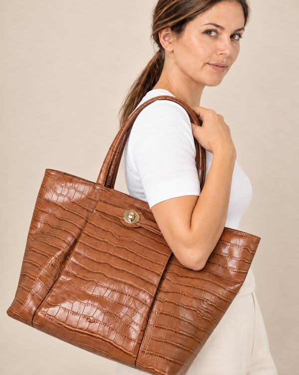 Pia Tan Brown Croc-Embossed Leather Tote Bag, Turn-Lock Detail, Zip Closure