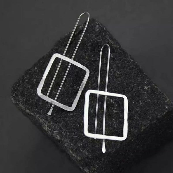 The Colourful Aura Retro Hammered Square Shape Quirky Geometric Punk Ear Hook Drop Earrings