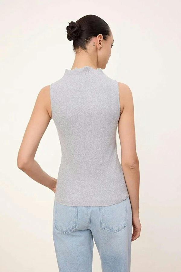 High Neck Long Sleeve Button Front Frill Detail Fitted Blouse