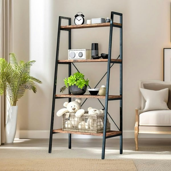 Rafaelo Mobilia 4 Tier Free Standing Ladder Shelf For Living Room Storage Rustic Brown