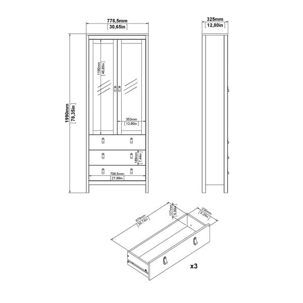 Wyld Haus Gossmere White Wooden China Cabinet 2 Glass Doors 3 Drawers Silver Handles