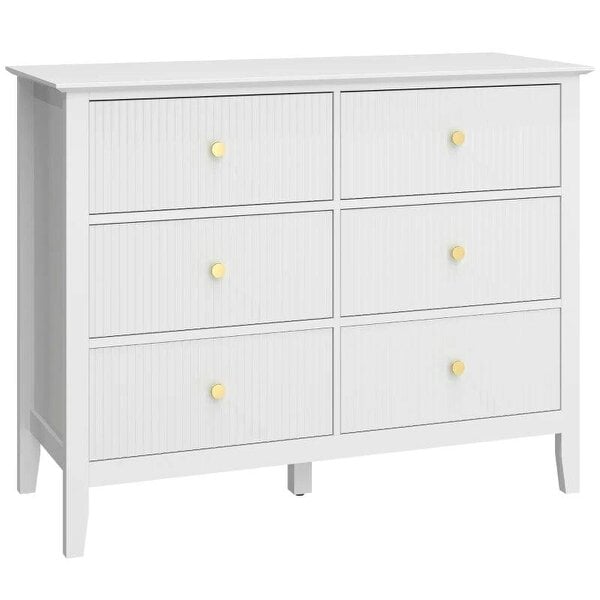 Fluted Dresser, 6 Drawer Chest of Drawers for Bedroom, Living Room, Hallway, Closet, White