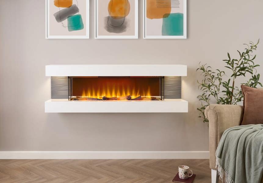 Sureflame WM-9332 XL Electric Wall Fireplace Suite with Downlights & Remote in Pure White