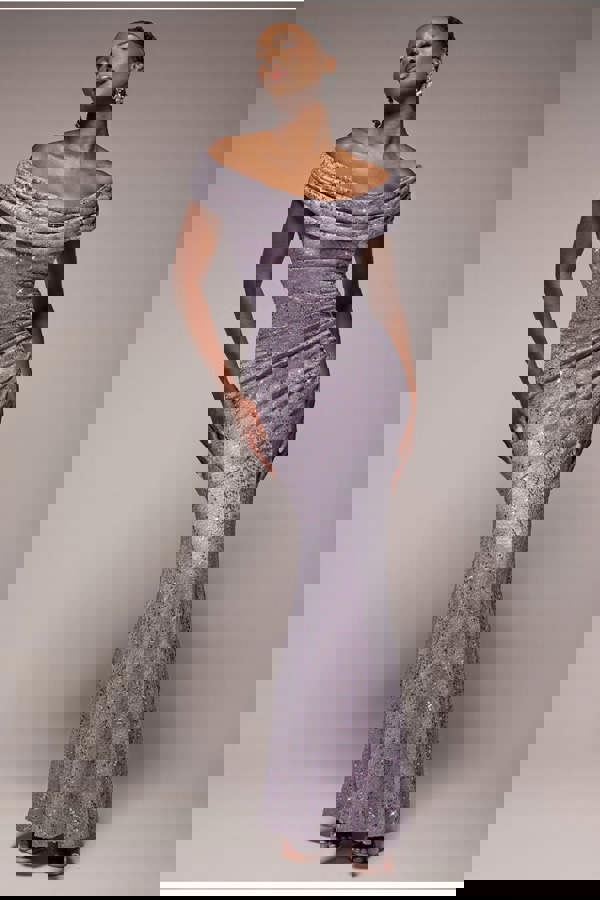 Cowl Neck Sequin Lace Maxi Dress - Dusky Purple DR4644