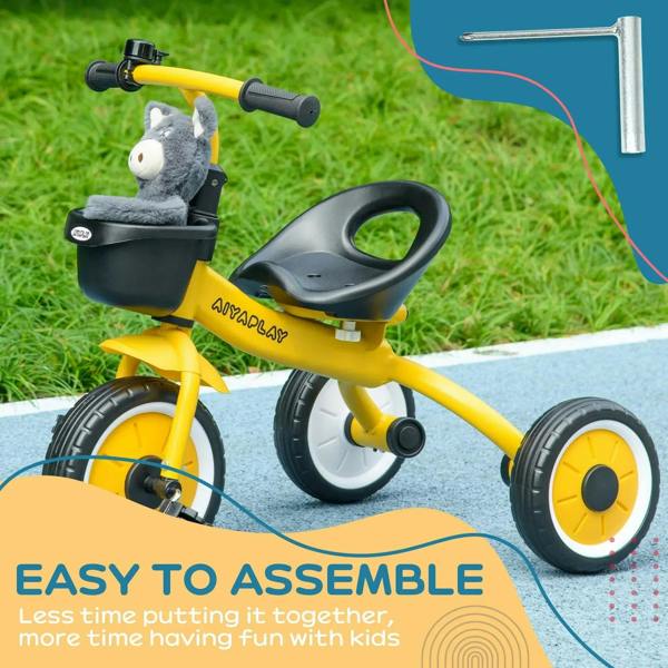Yellow kids tricycle with black seat, front basket, and three-wheel design