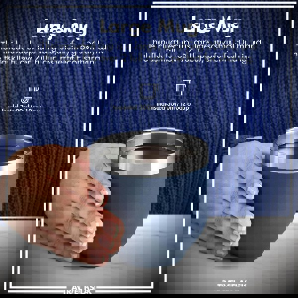 A hand holds a blue insulated mug containing liquid on a marble surface with text reading: "Large Mug The included cup is a large, satisfying 300ml, and the flask fills over 2 full cups, perfect for sharing. Insulated 300ml/10oz cup TRAVEL FLASK" in front of a blue knitted sweater.