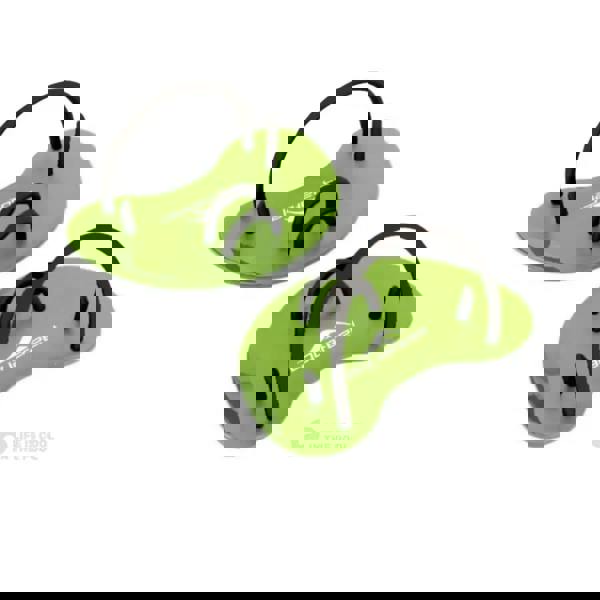 Green Aquafeel finger paddles with black strap fins and metal rings