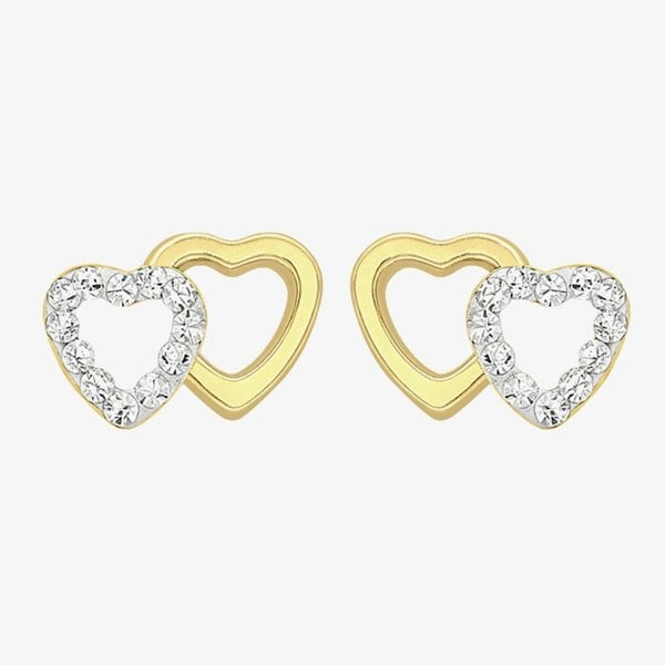 T. H. Baker 9ct Yellow Gold & Cubic Zirconia Double Heart Stud Earrings 1.58.8199
