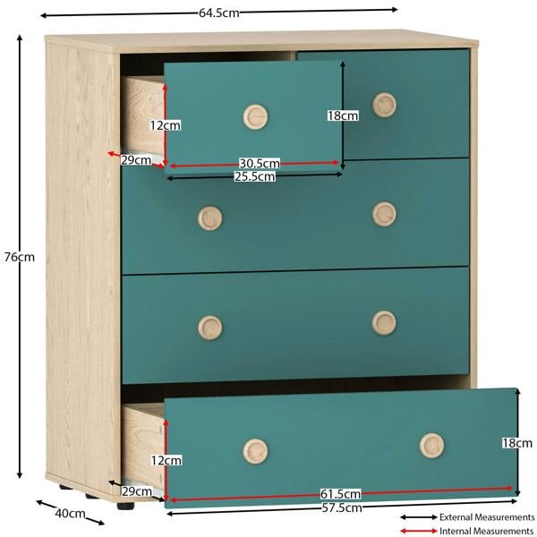 Junior Vida Neptune 5 Drawer Chest, Blue & Oak