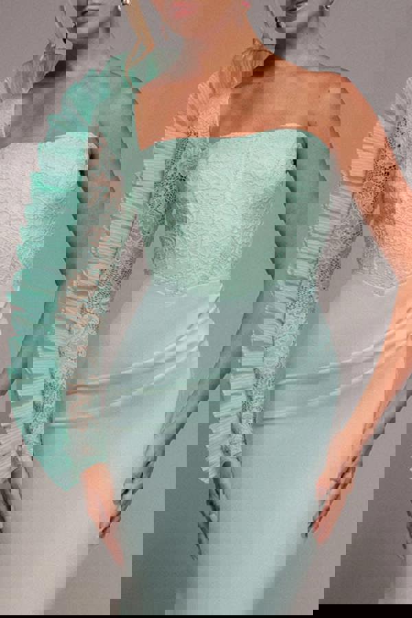 One Shoulder Organza  Fan Detail Lace Bodice Maxi Dress - Mint Green DR4577