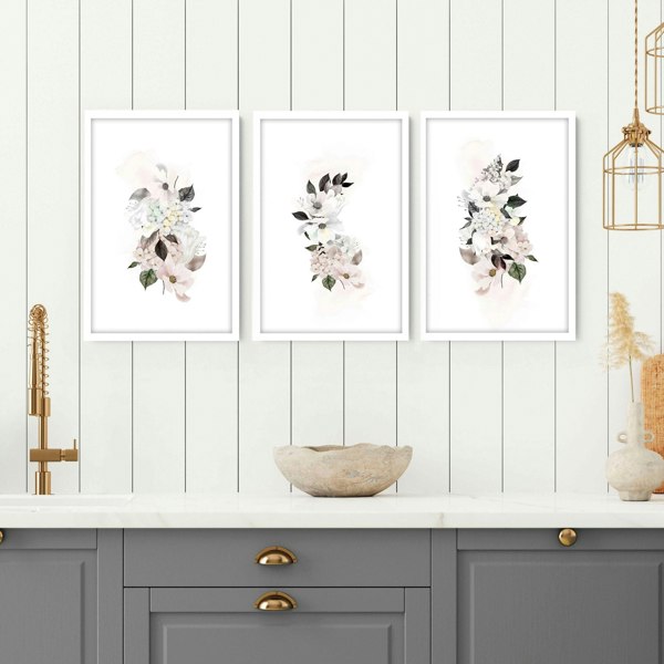 Art for kitchen wall | set of 3 Shabby Chic Floral art prints