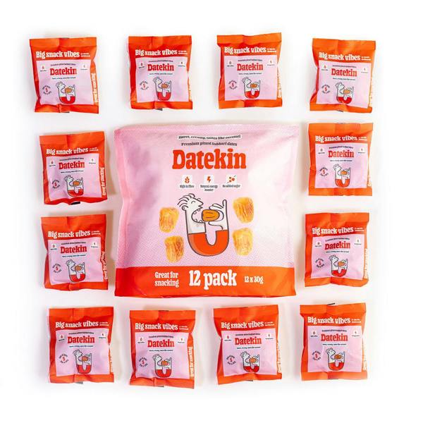 Datekin Sukkari Dates Family Bag (12 x 30g Packs) – Premium Soft Golden Dates | Healthy on-the-go Snacks | 100% Natural Superfood