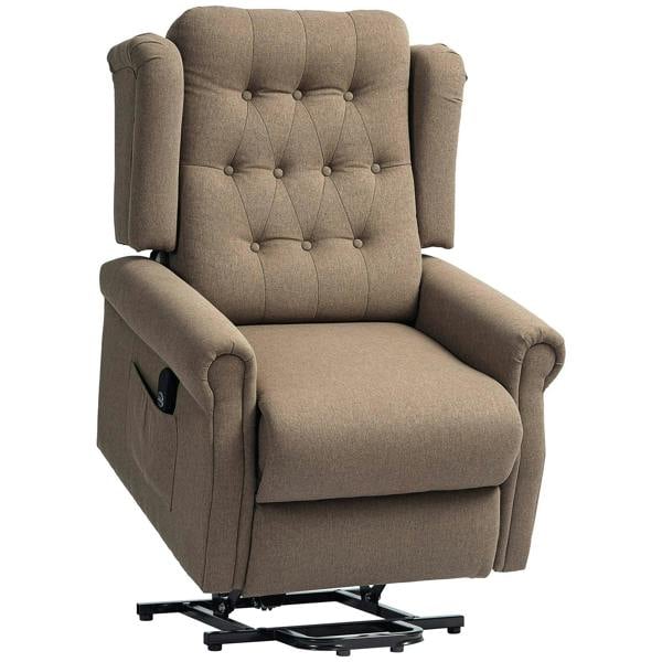 Dark brown upholstered lifting riser recliner armchair with tufted back and padded arms