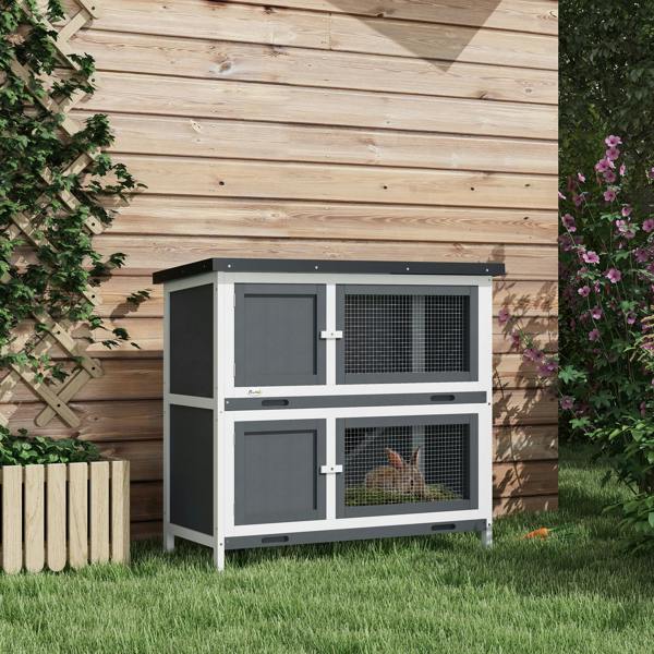 PawHut Double Decker Rabbit Hutch Bunny Cage Pet House Outdoor W/ Tray, Grey
