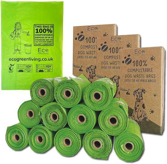 Eco Green Living Compostable Dog Waste Bags - EGL - 3 x 4 Rolls of 15 Bags - 180 Bags