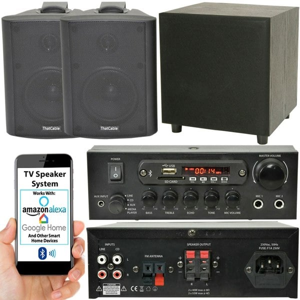 PREMIUM TV Sound System Black Wall Speakers 200W Subwoofer & Bluetooth Amp Kit