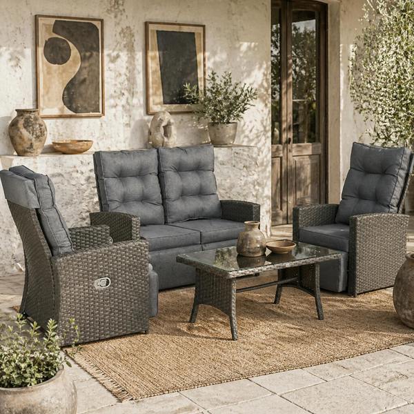 Wyld Haus Rayo Grey Rattan 4 Seater Outdoor Sofa Set With Glass Top Table