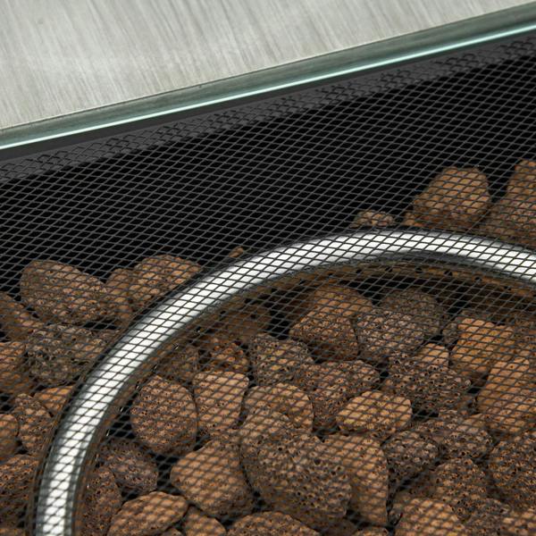 Square gas fire pit burner with lava rocks inside protective mesh guard