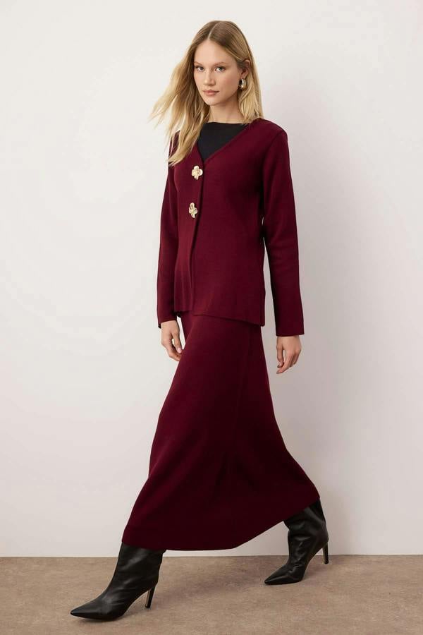 2-Piece Gold Button Detail V Neck Knitted Cardigan and Skirt Co-ord