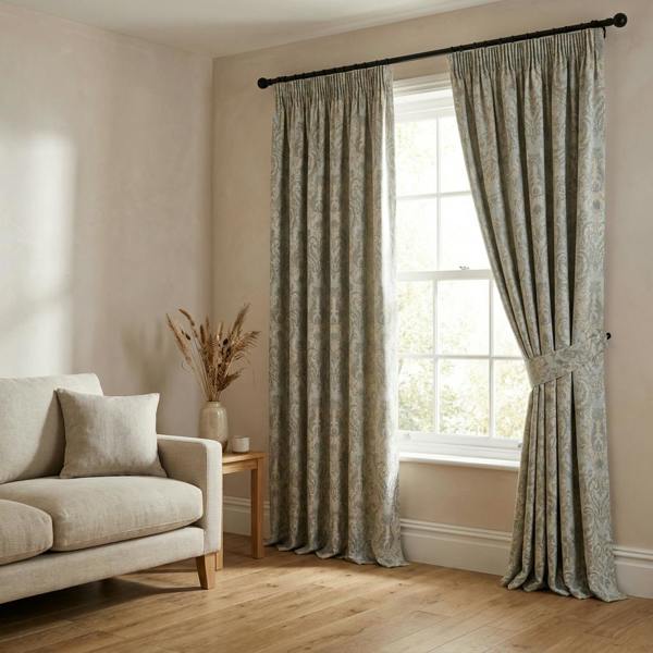 Tegola made-to-measure curtains in Duck Egg, styled in a living room