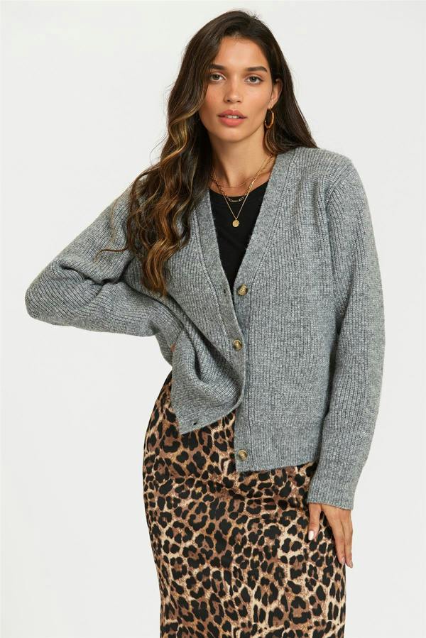 FS Collection Little Heart Embroidery Cardigan Top In Grey