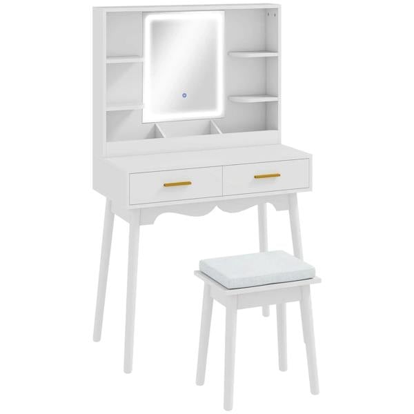 White dressing table with LED mirror, two drawers, and matching small stool